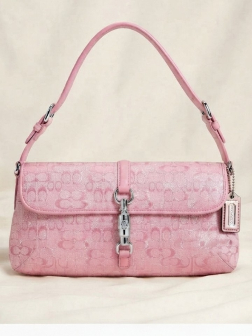 💕Vintage Y2K Coach Pink Optic Signature Lurex Hamptons Demi Flap Bag 8946